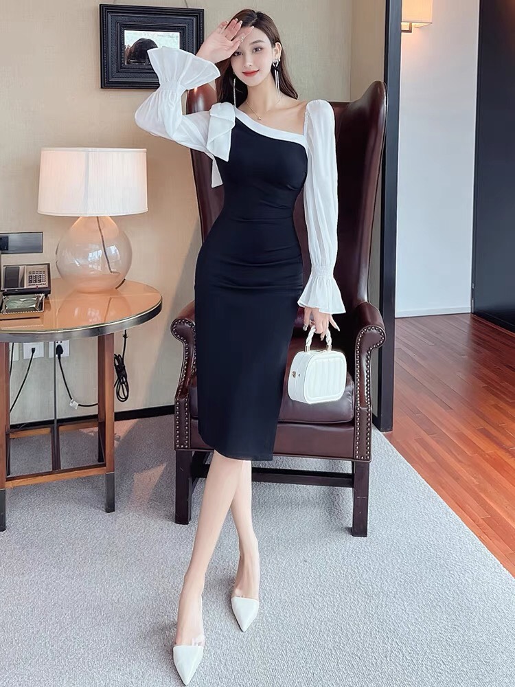 ĐẦM BODY NƠ TRẮNG LỆCH VAI D108